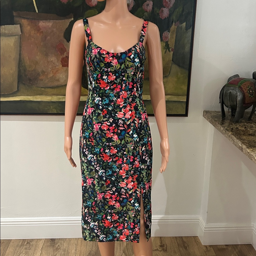 Aidan by Aidan Mattox Black Floral Sheath Dress with Pink & Red Accents